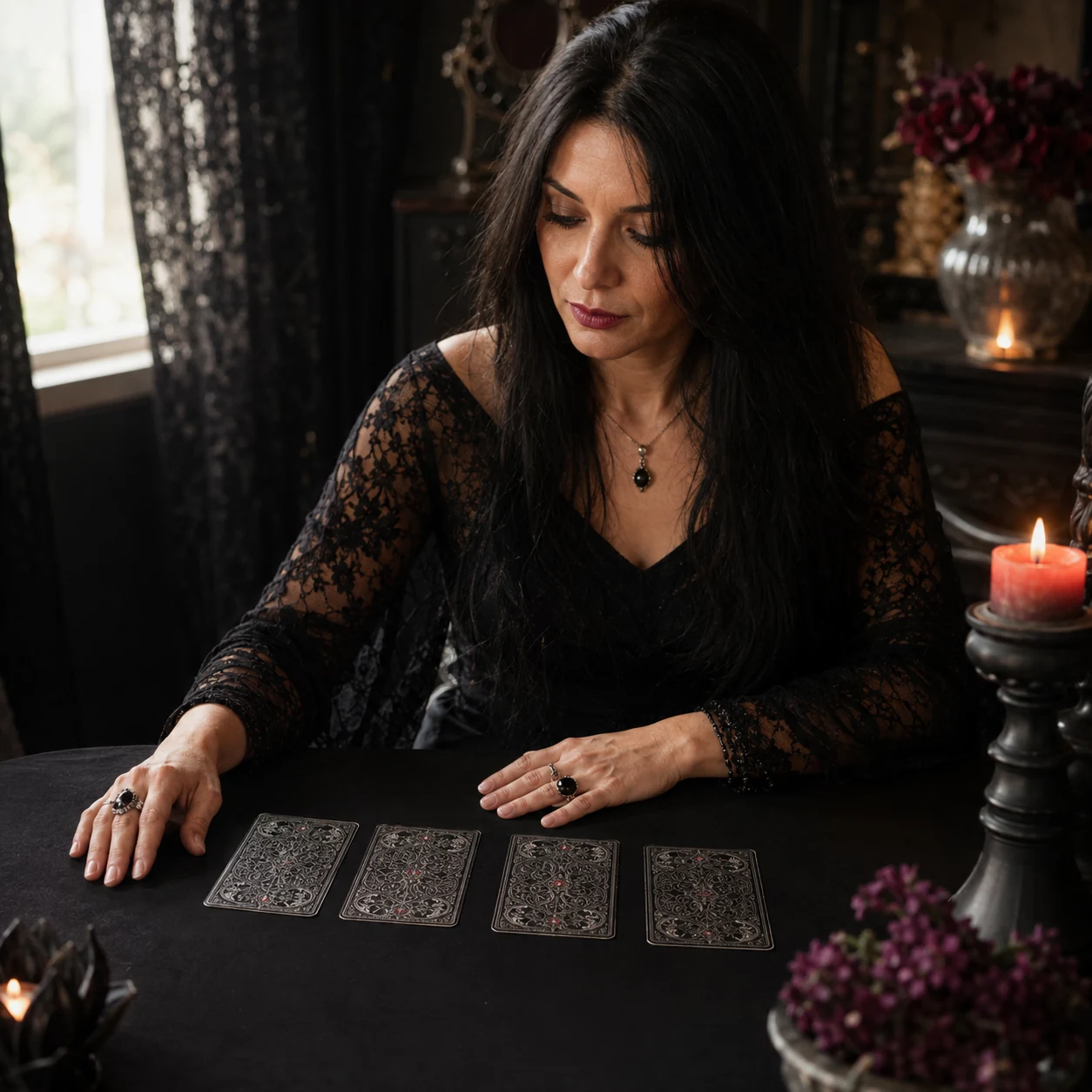 Aurica reflecting over four face-down gothic tarot cards