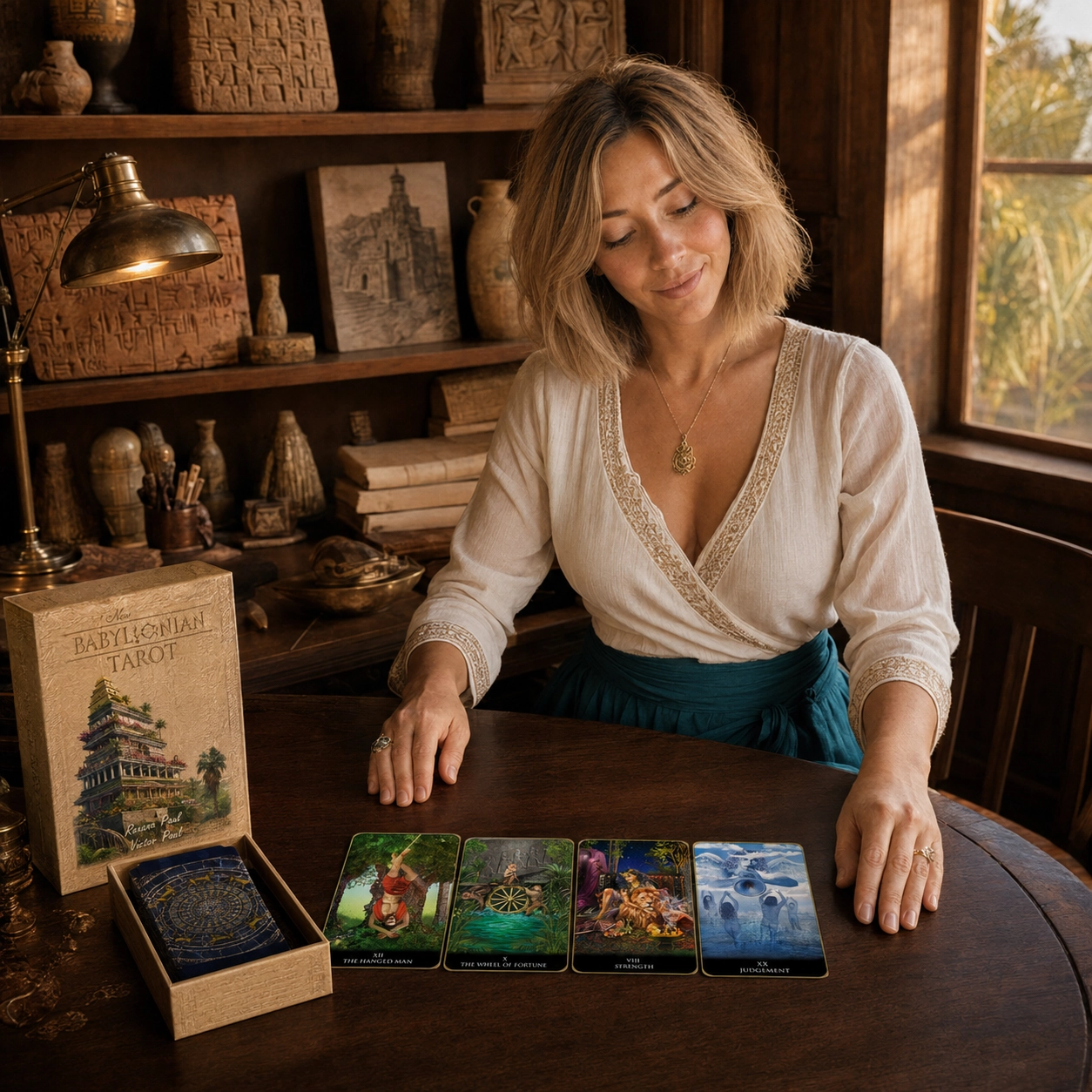 Aurica studying a four-card New Babylonian Tarot spread beside the boxed deck in a warm archaeology study