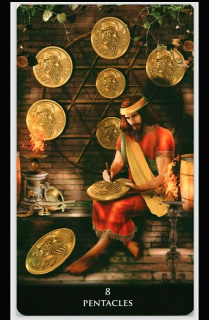 Eight of Pentacles from the New Babylonian Tarot by Roxana Paul