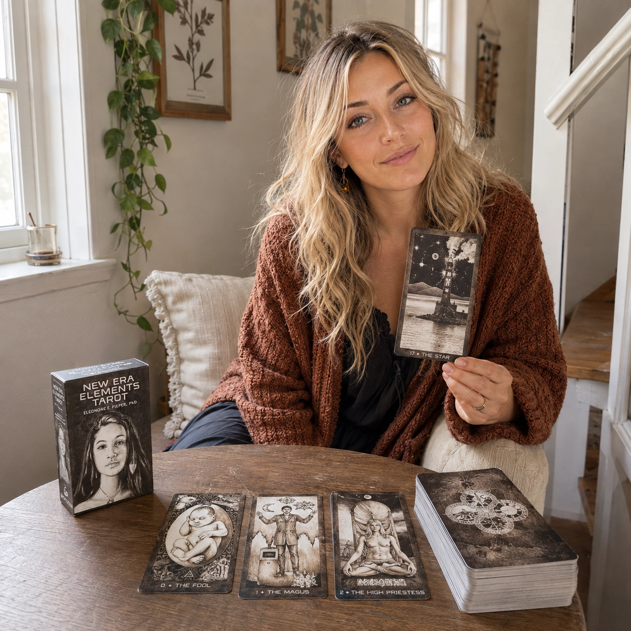 Aurica holding The Star from New Era Elements Tarot beside its box, face-up spread, and stacked deck