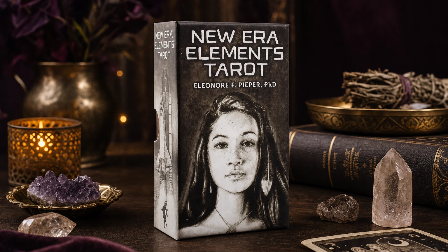 New Era Elements Tarot product box lifestyle image New Era Elements Tarot product box on a plum and gold tarot reading table