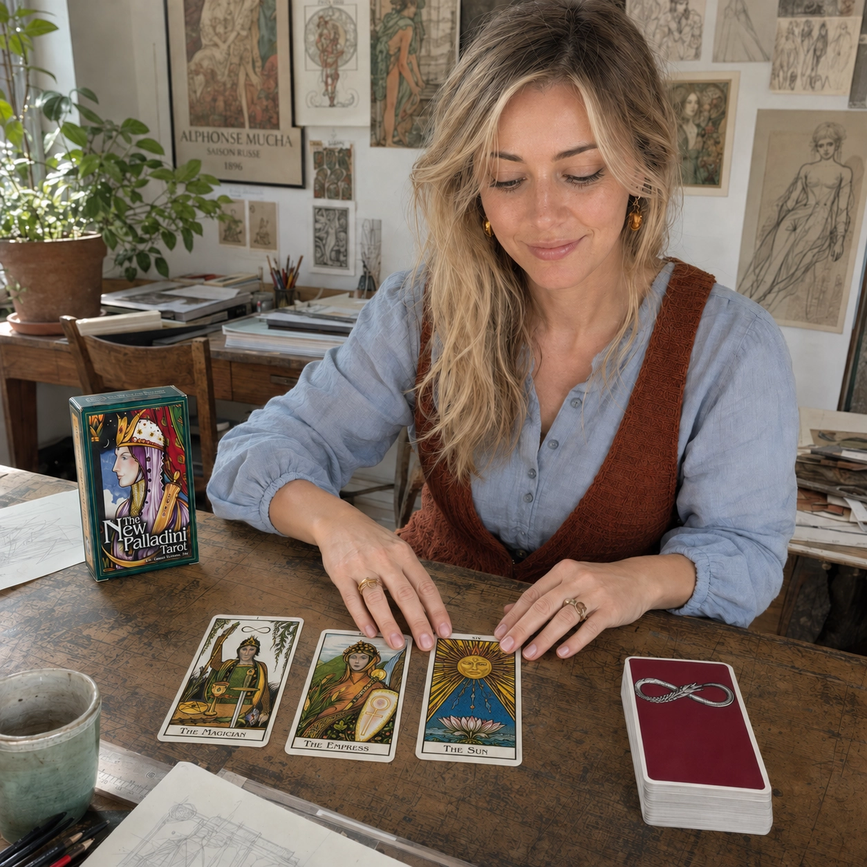 Aurica arranging The Magician, The Empress, and The Sun from New Palladini Tarot beside its box and stacked deck