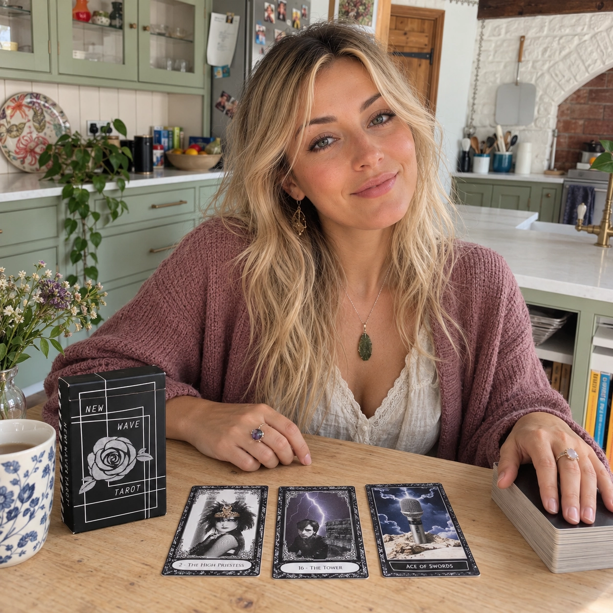Aurica arranging The New Wave Tarot V2 beside the deck box, three face-up cards, and stacked deck