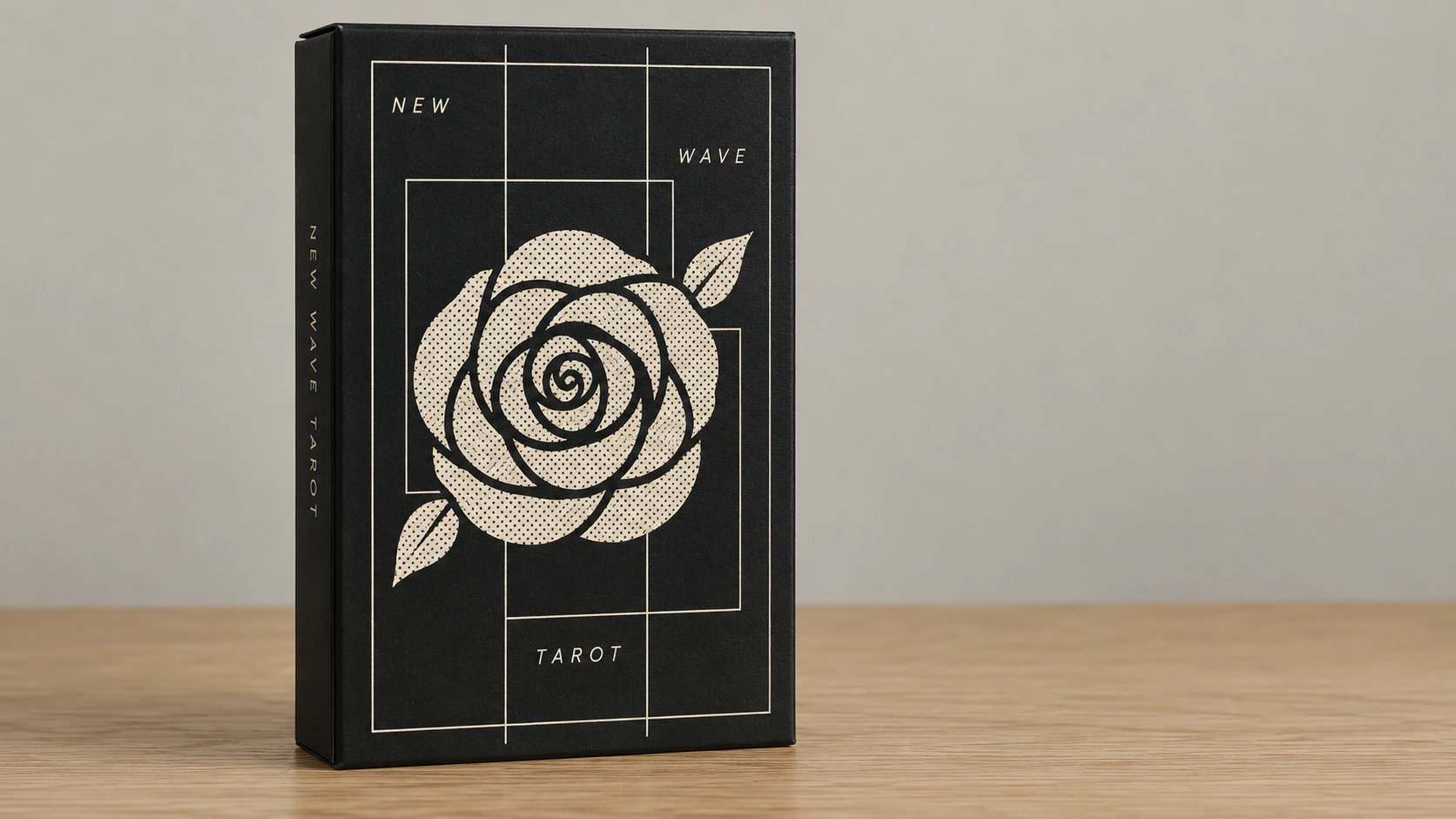 Generated illustrative scene of The New Wave Tarot black rose box on a basic oak table against a plain neutral background