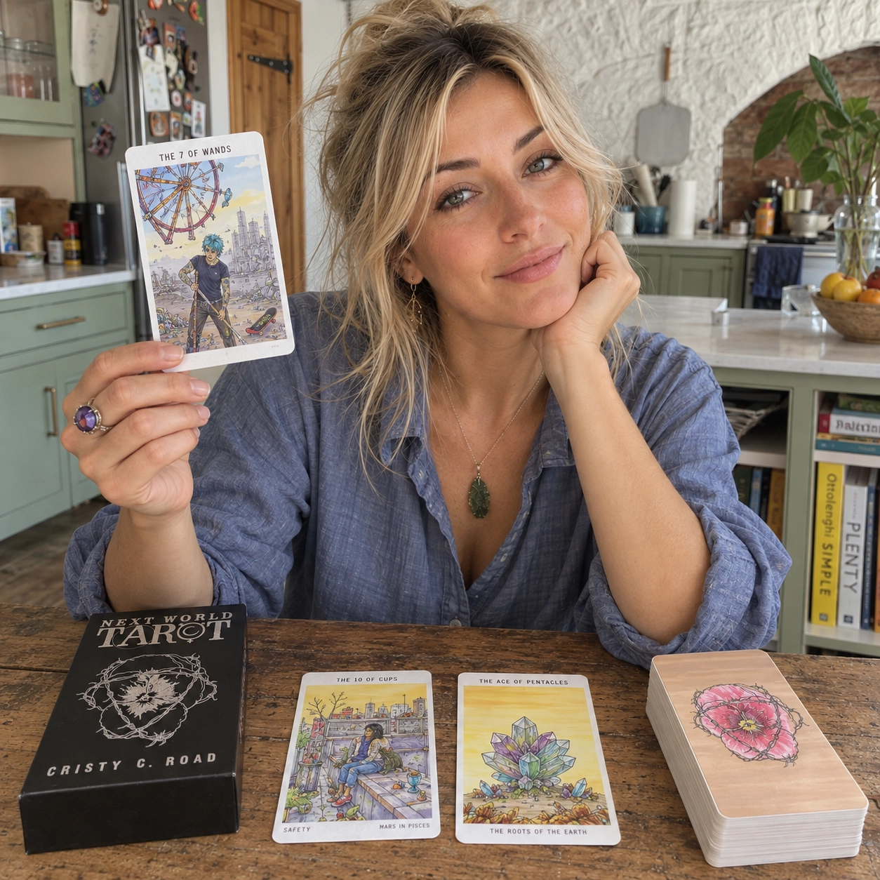 Generated editorial image of Aurica presenting Seven of Wands from Next World Tarot beside the deck box, two face-up cards, and stacked deck