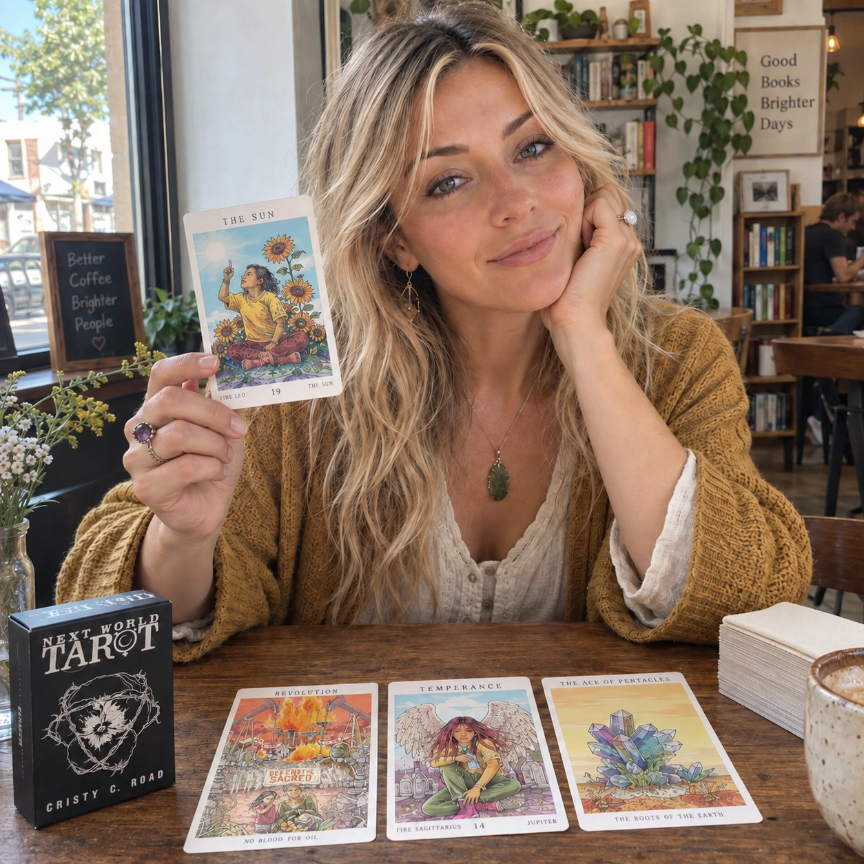 Aurica presenting The Sun from Next World Tarot beside the deck box, three face-up cards, and stacked deck
