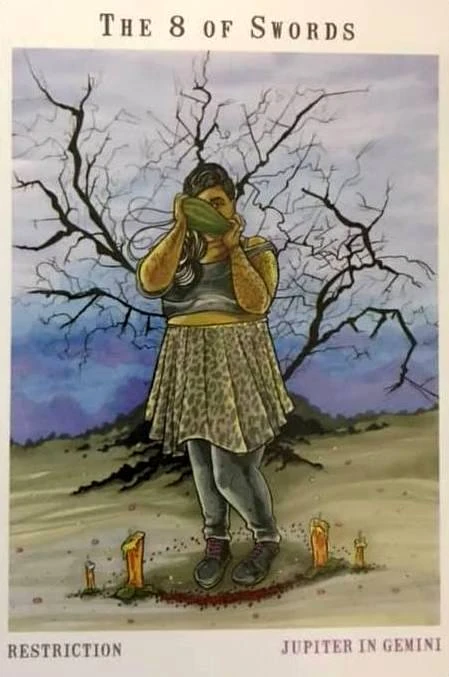 Eight of Swords card artwork from the Next World Tarot deck by Cristy C. Road