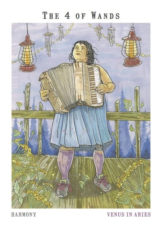 Four of Wands card artwork from the Next World Tarot deck by Cristy C. Road