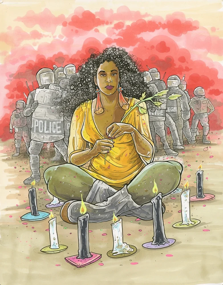 Seven of Wands card artwork from the Next World Tarot deck by Cristy C. Road
