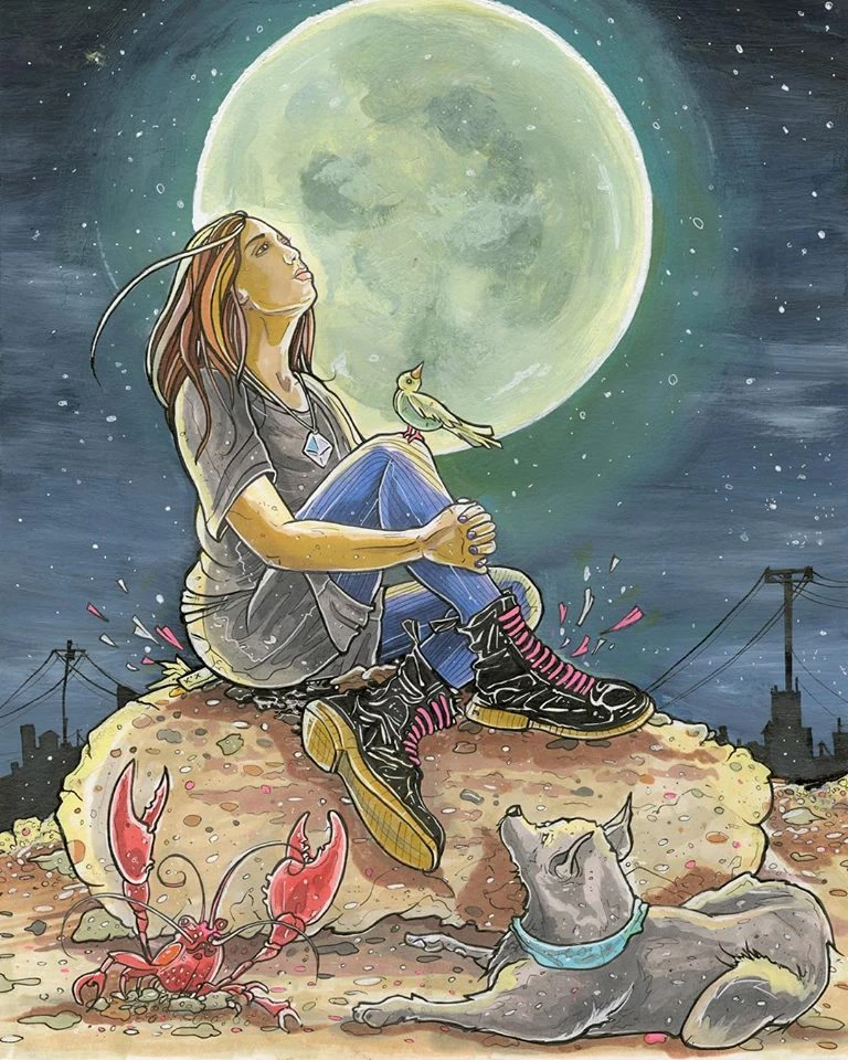 The Moon card artwork from the Next World Tarot deck by Cristy C. Road