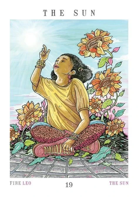 The Sun card artwork from the Next World Tarot deck by Cristy C. Road