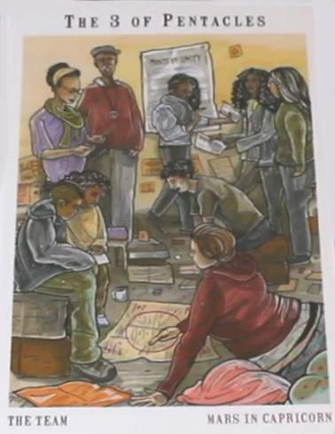 Three of Pentacles card artwork from the Next World Tarot deck by Cristy C. Road