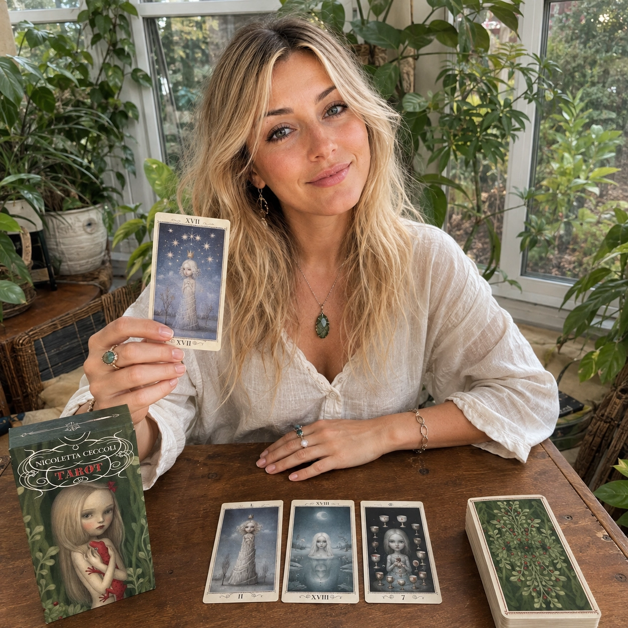 Aurica reviewing the Nicoletta Ceccoli Tarot with the deck box, a three-card spread, and the stacked deck