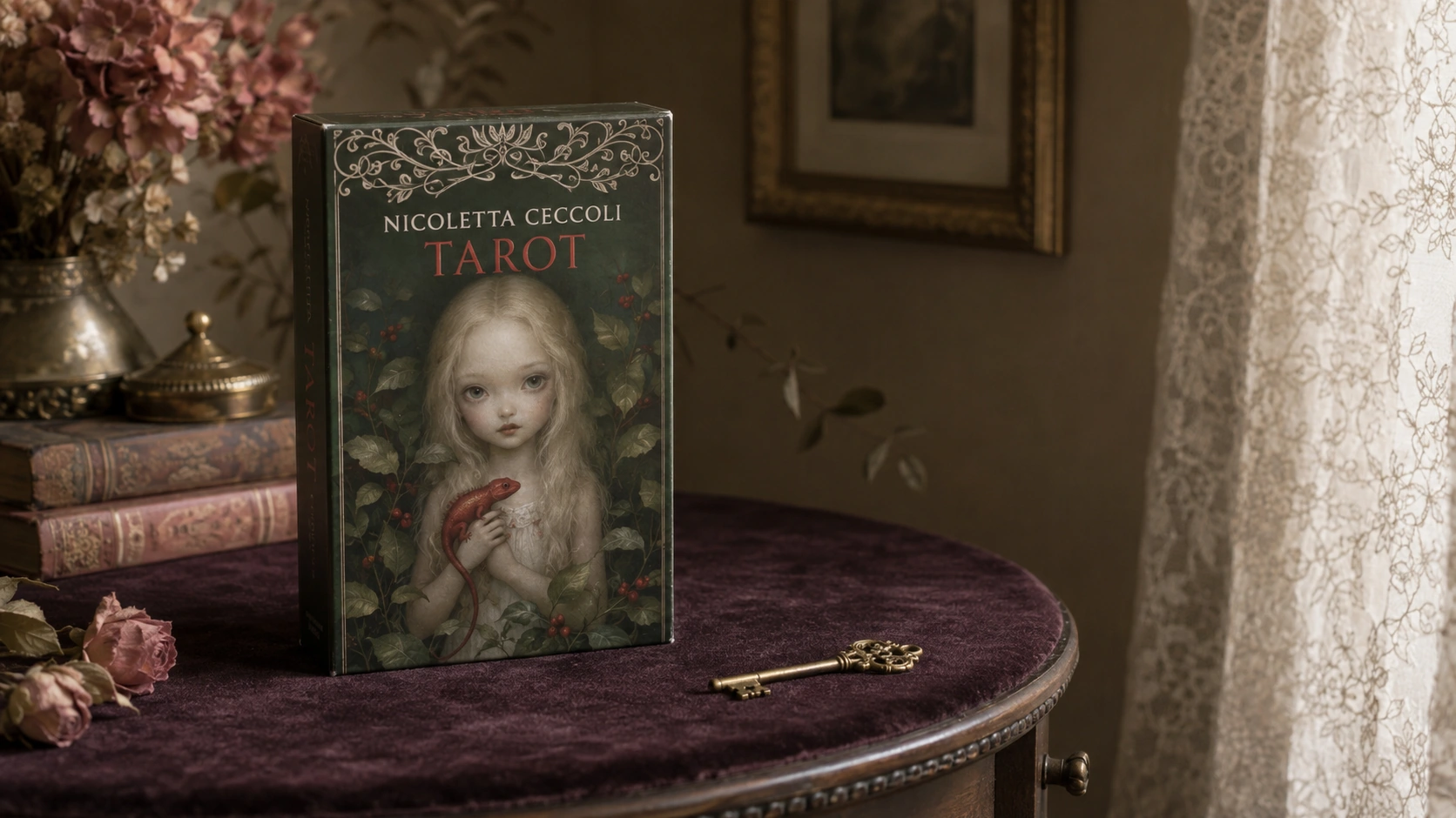 Nicoletta Ceccoli Tarot Deck by Nicoletta Ceccoli in a dark plum reading nook