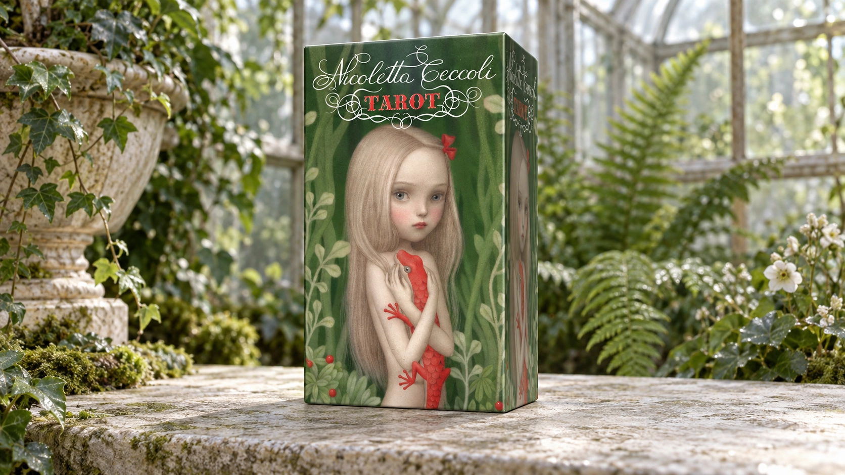 Generated scene of the Nicoletta Ceccoli Tarot Deck by Nicoletta Ceccoli, with the green publisher-style box on a stone conservatory shelf