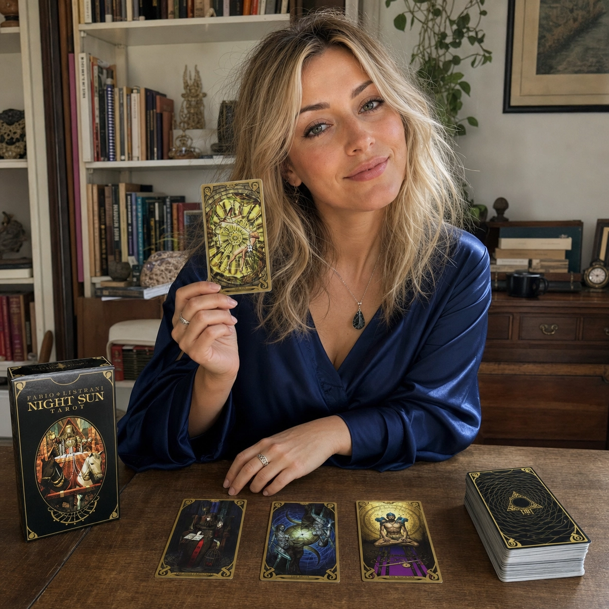 Aurica holding The Sun from Night Sun Tarot beside the deck box, a three-card spread and stacked deck