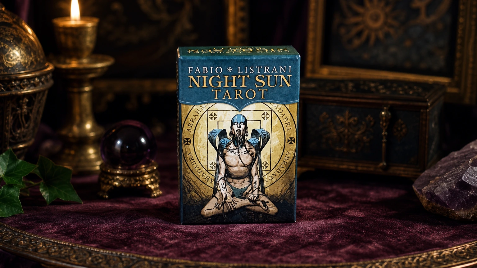 Night Sun Tarot Deck by Fabio Listrani Night Sun Tarot Deck by Fabio Listrani in a generated home reading scene