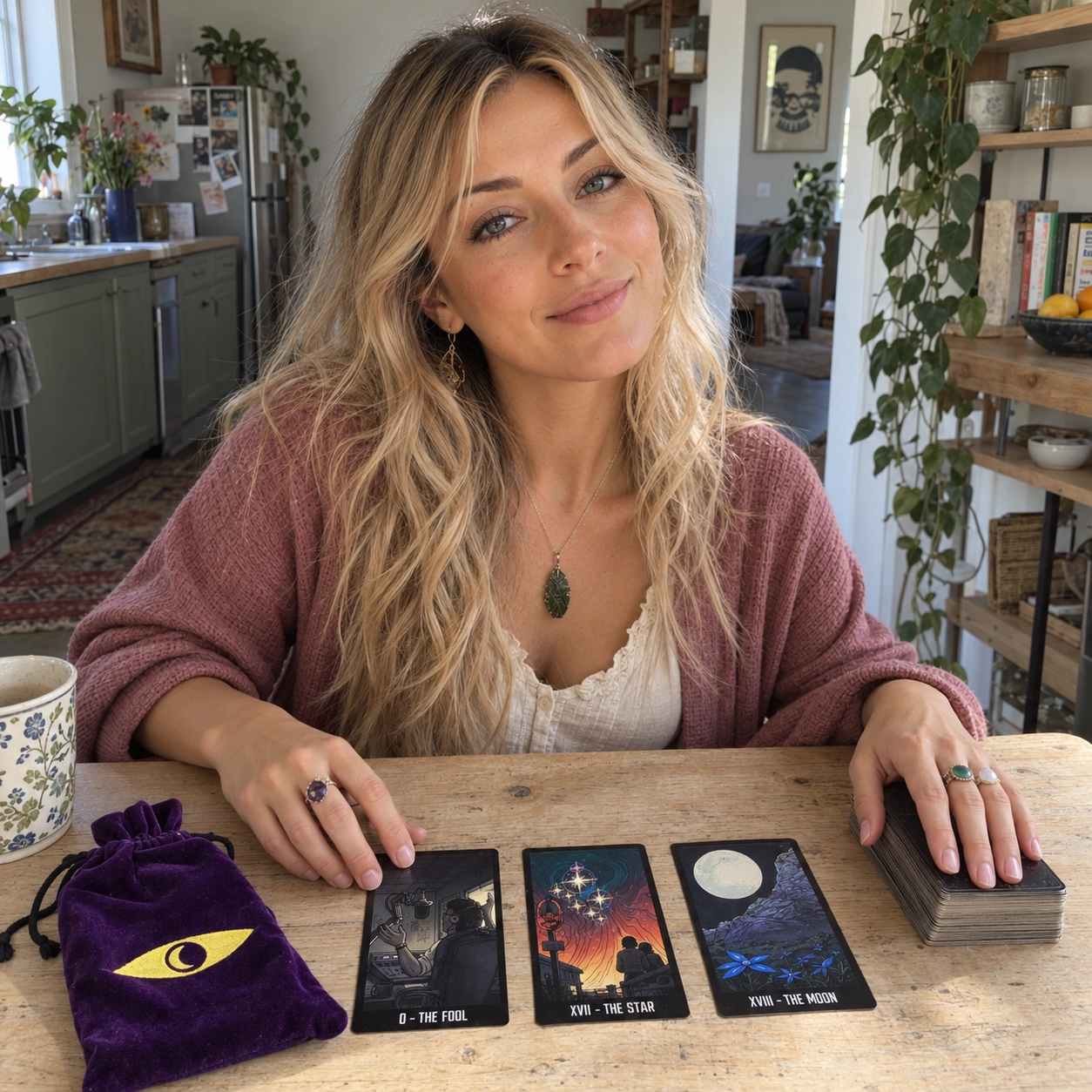 Blonde Aurica arranging three Night Vale Tarot cards beside the purple velvet pouch in natural daylight
