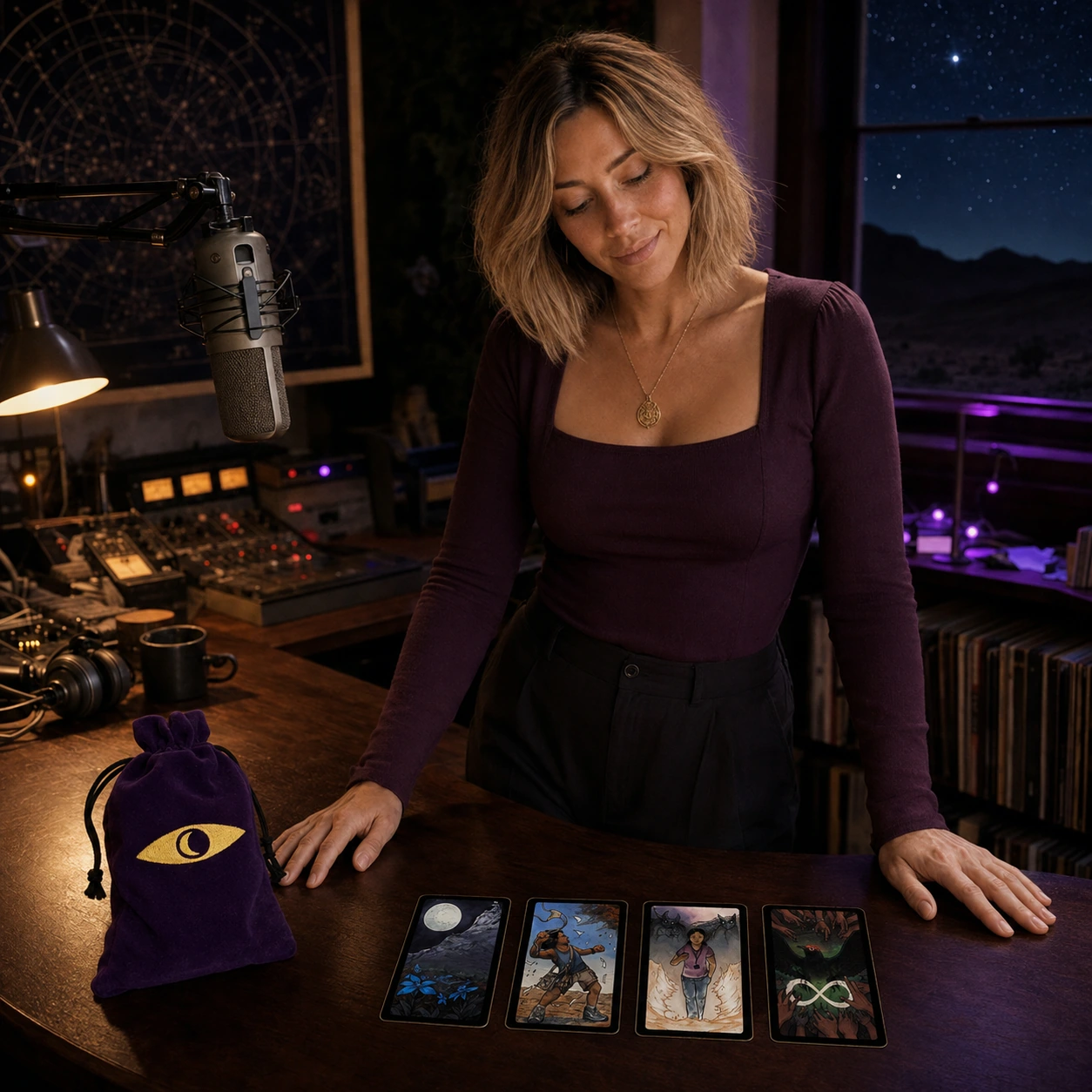 Aurica studying four Welcome to Night Vale Tarot cards beside the purple deck bag in a midnight radio studio