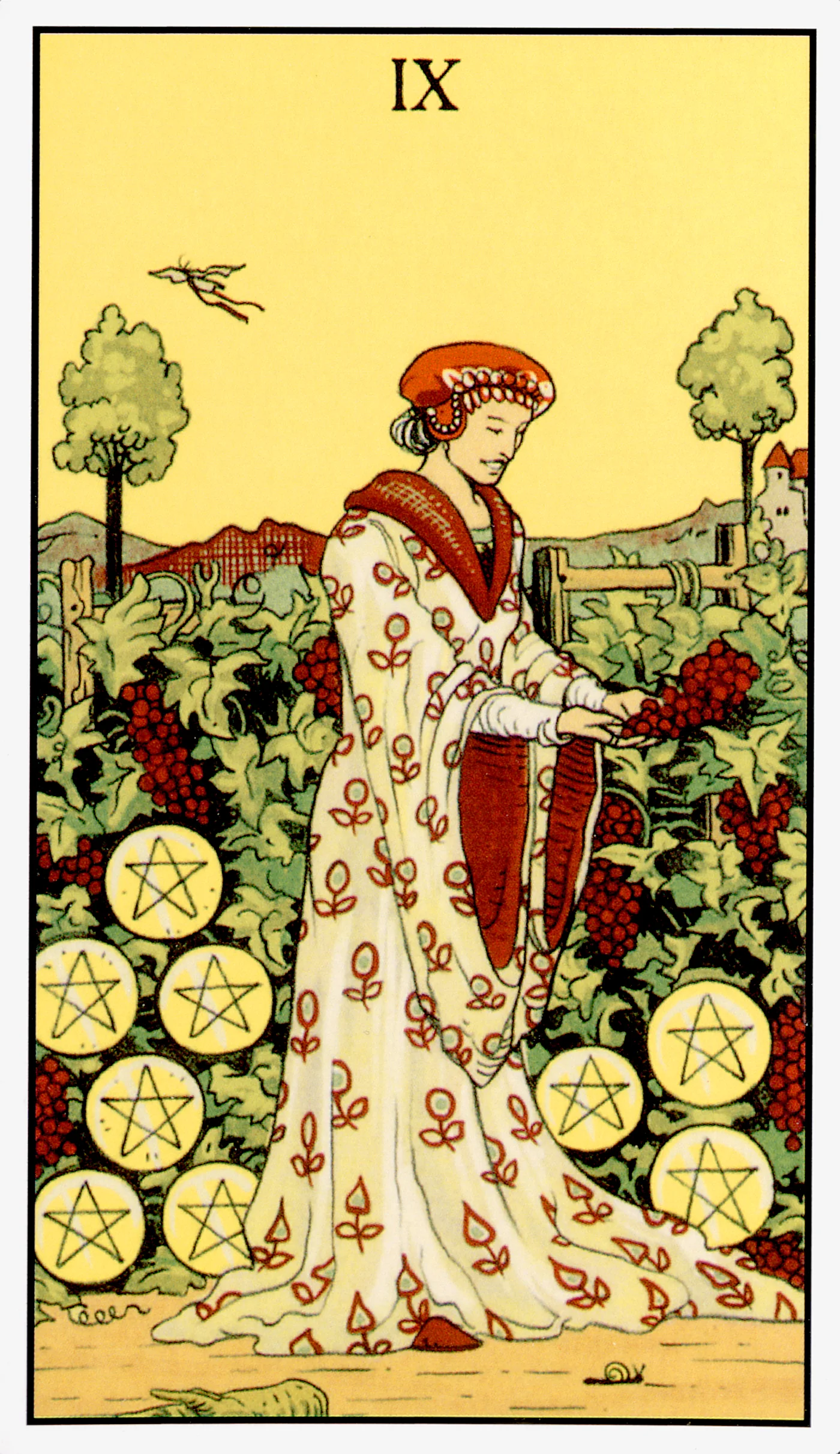 Nine of Pentacles — After Tarot by Lo Scarabeo Nine of Pentacles card from the After Tarot deck by Lo Scarabeo