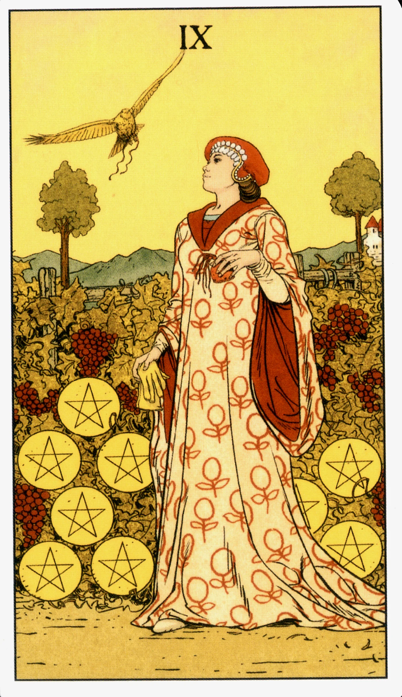 Nine of Pentacles — Before Tarot by Lo Scarabeo Nine of Pentacles card from the Before Tarot deck by Lo Scarabeo