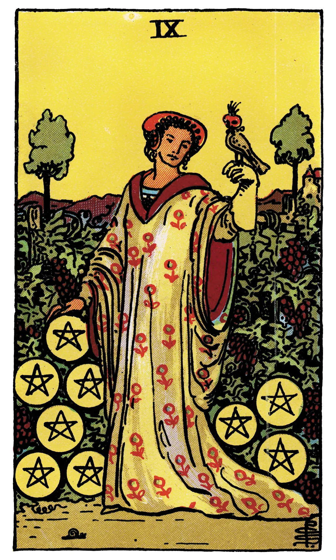 Nine of Pentacles — Rider-Waite-Smith Tarot by Rider Nine of Pentacles card from the Rider-Waite-Smith Tarot deck by Rider