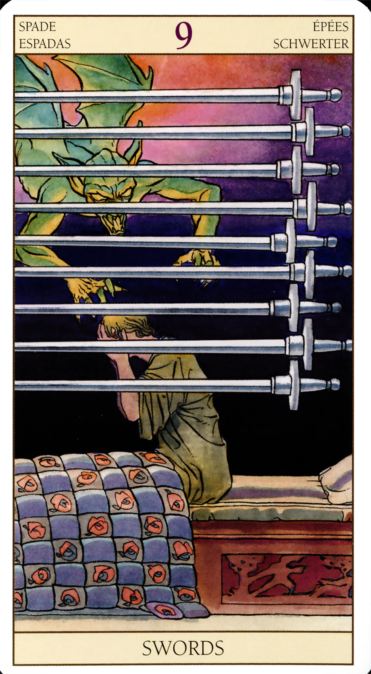Nine of Swords — Tarot of the New Vision by Lo Scarabeo Nine of Swords card from the Tarot of the New Vision deck by Lo Scarabeo