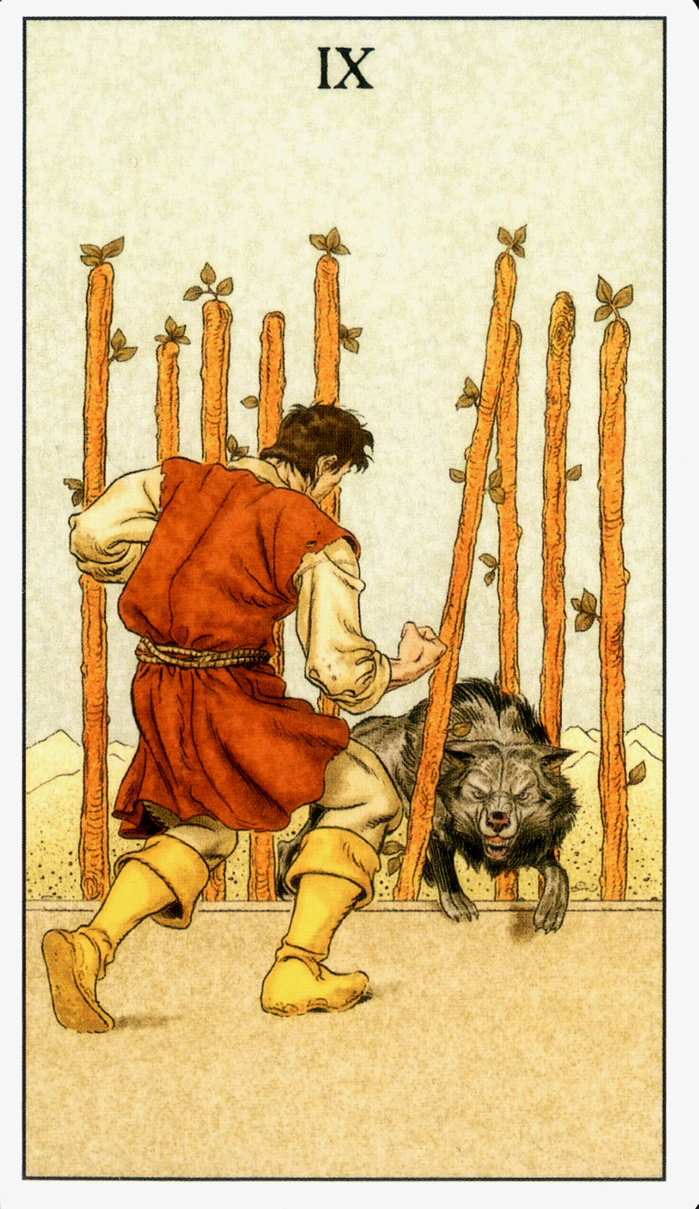 Nine of Wands — Before Tarot by Lo Scarabeo Nine of Wands card from the Before Tarot deck by Lo Scarabeo