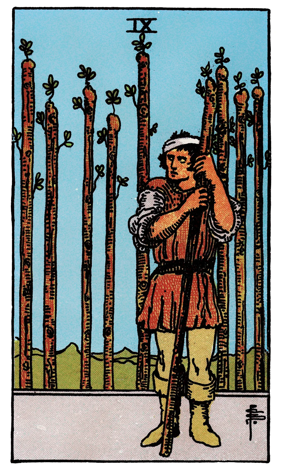 Nine of Wands — Rider-Waite-Smith Tarot by Rider Nine of Wands card from the Rider-Waite-Smith Tarot deck by Rider
