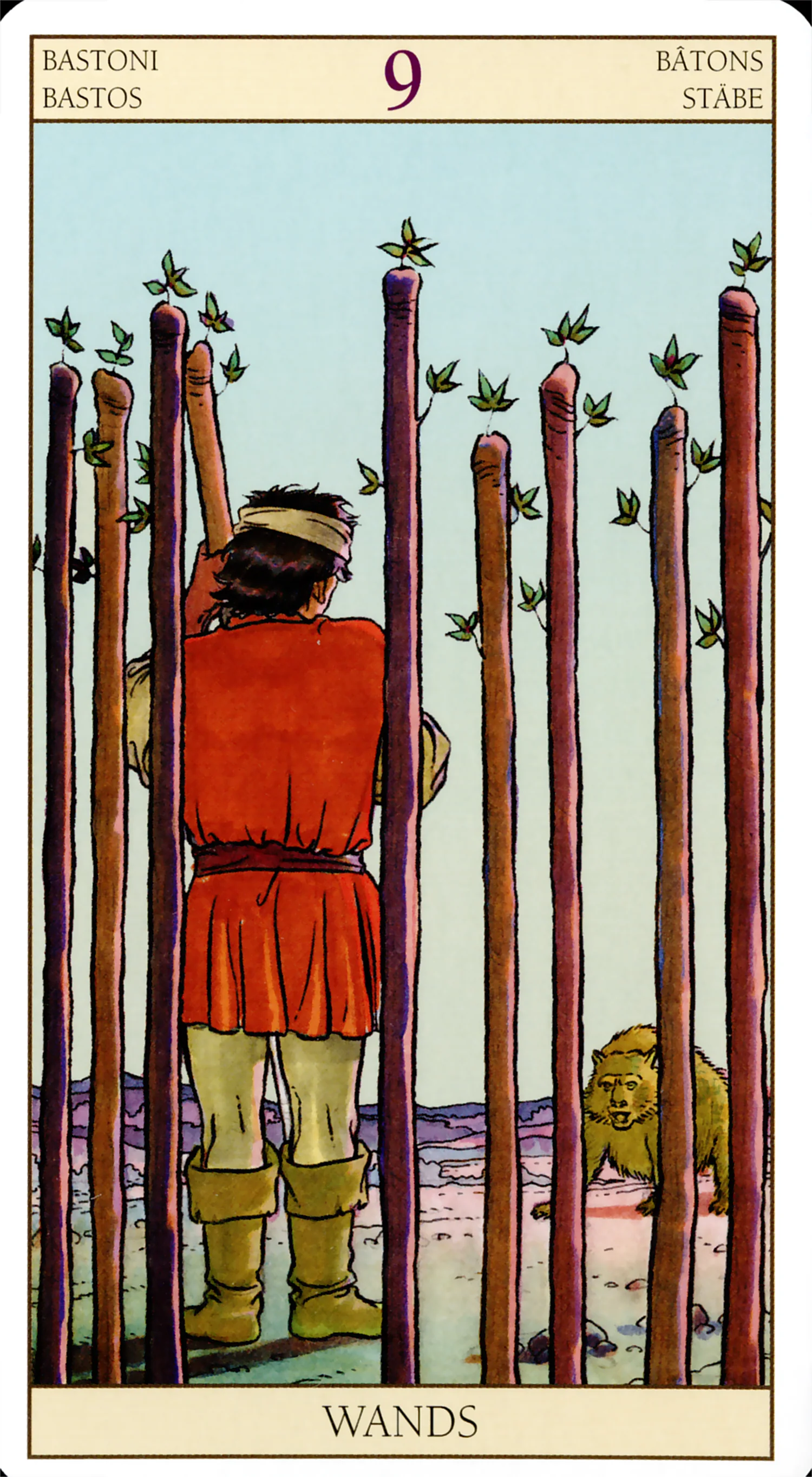 Nine of Wands — Tarot of the New Vision by Lo Scarabeo Nine of Wands card from the Tarot of the New Vision deck by Lo Scarabeo