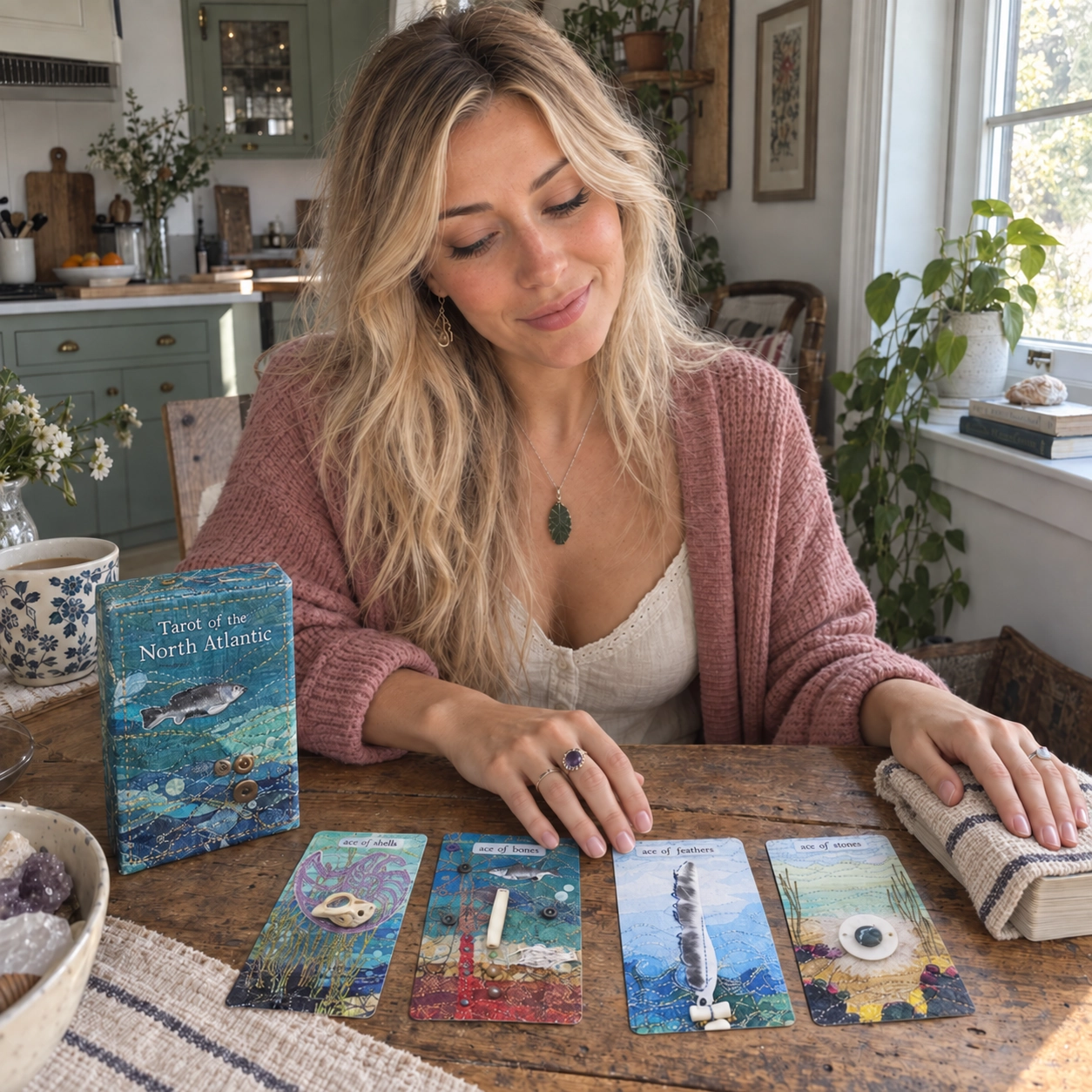 Aurica arranging Tarot of the North Atlantic by Lee Thomson beside the deck box, four face-up cards, and a cloth-covered stacked deck