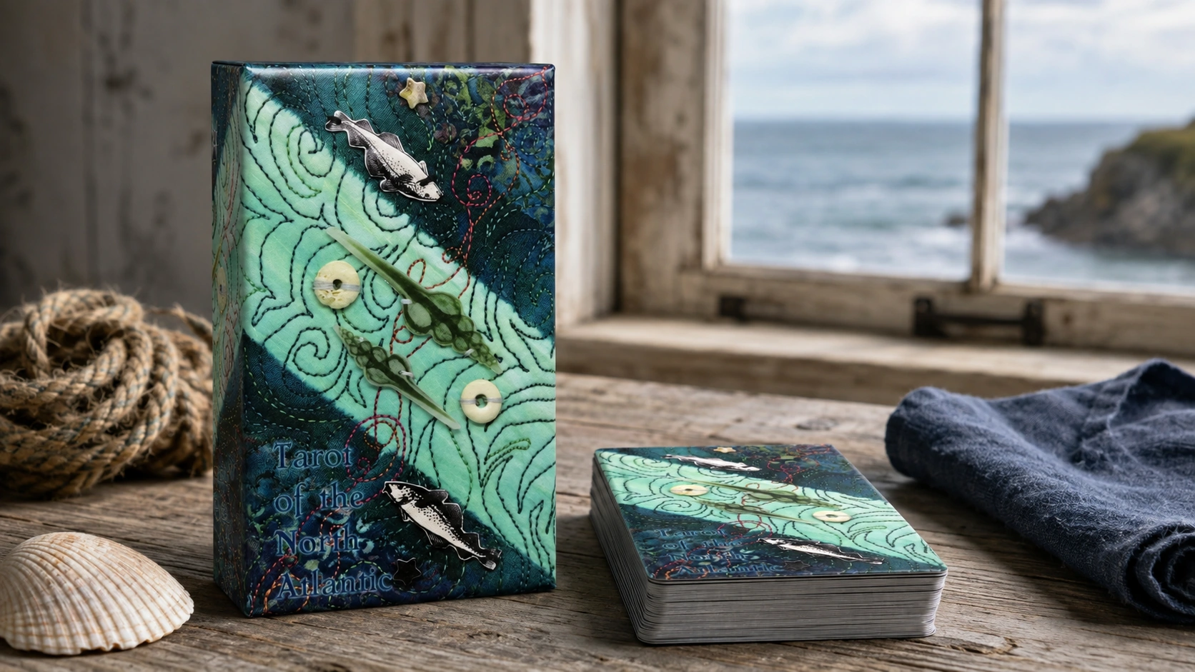 Tarot of the North Atlantic complete box and deck in a North Atlantic coastal cottage