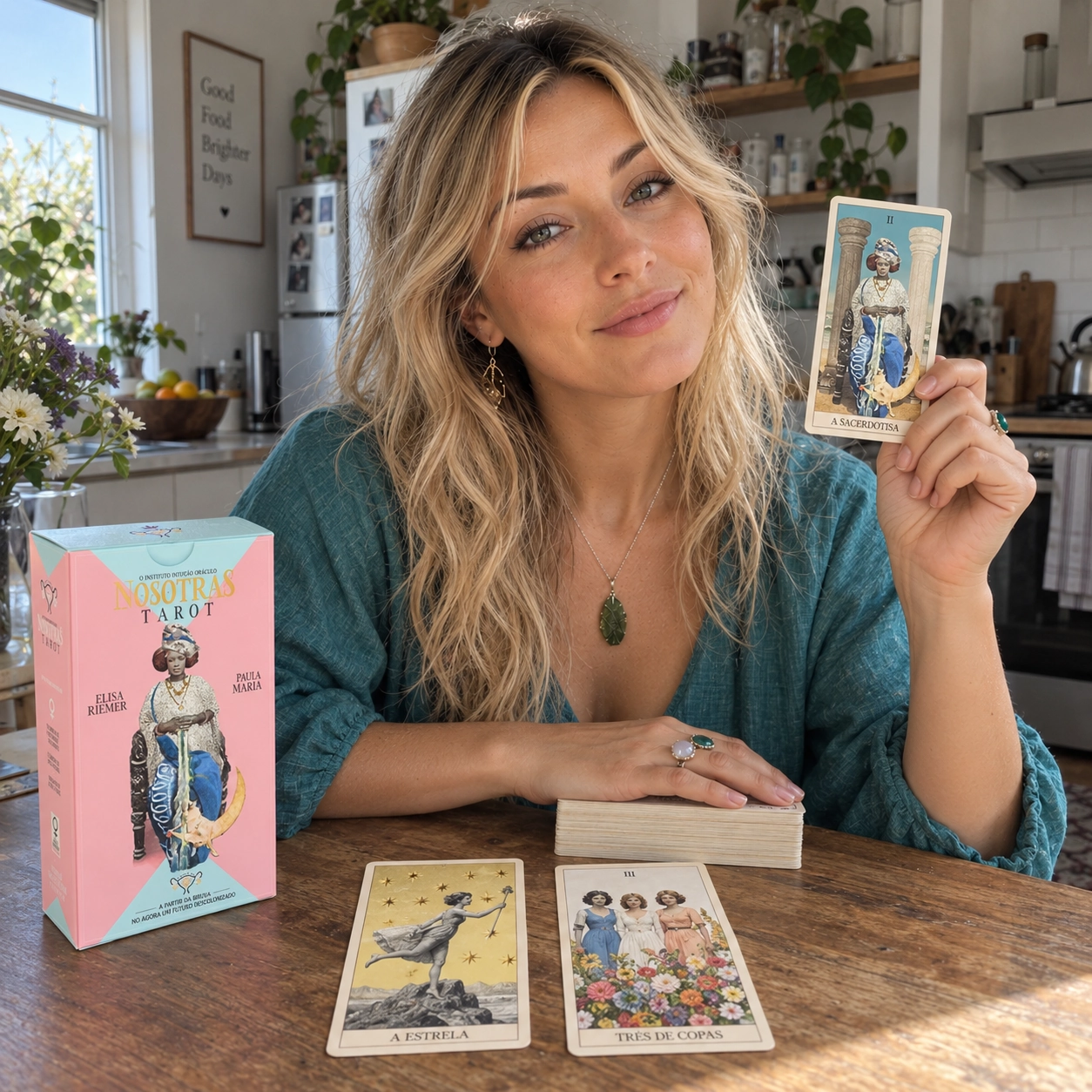 Generated scene of Aurica reviewing Nosotras Tarot with A Sacerdotisa, the pink and aqua box, two face-up cards, and a separate stacked deck