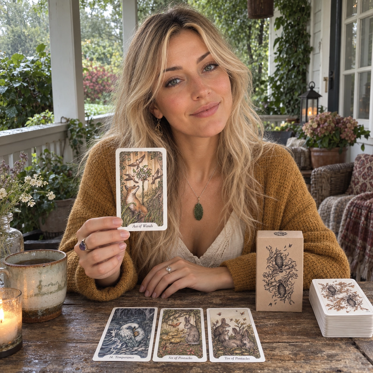Aurica journaling with the Oak, Ash & Thorn Tarot deck, face-up cards, box and stacked deck