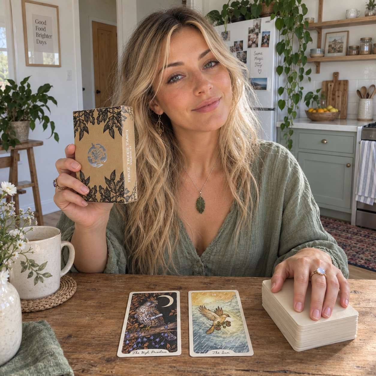 Generated illustrative scene of Aurica presenting the classic Oak, Ash & Thorn Tarot box beside two face-up cards and a stacked deck