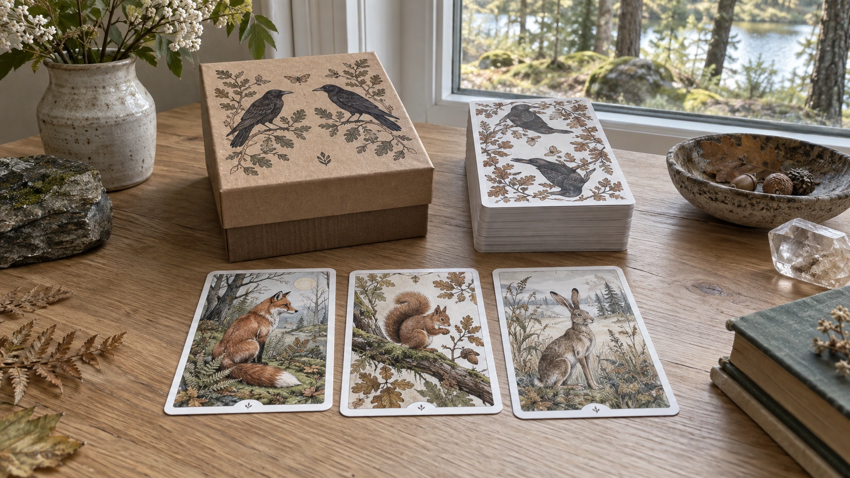 Generated woodland table scene inspired by the current Oak, Ash & Thorn Tarot box, card backs and animal artwork