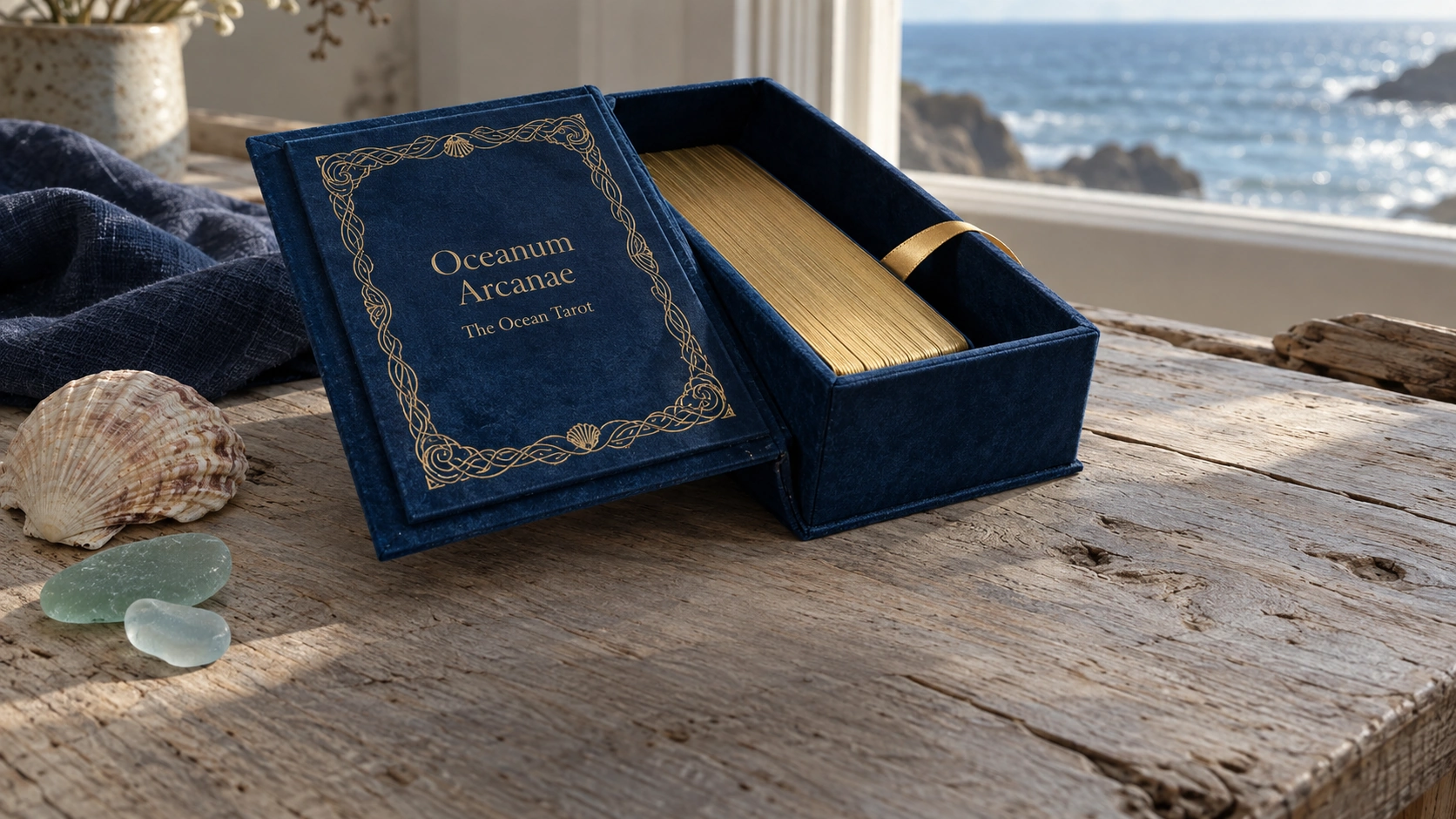 Oceanum Arcanae, The Ocean Tarot Deck by Taylor Hultquist-Todd, in a generated coastal product setting