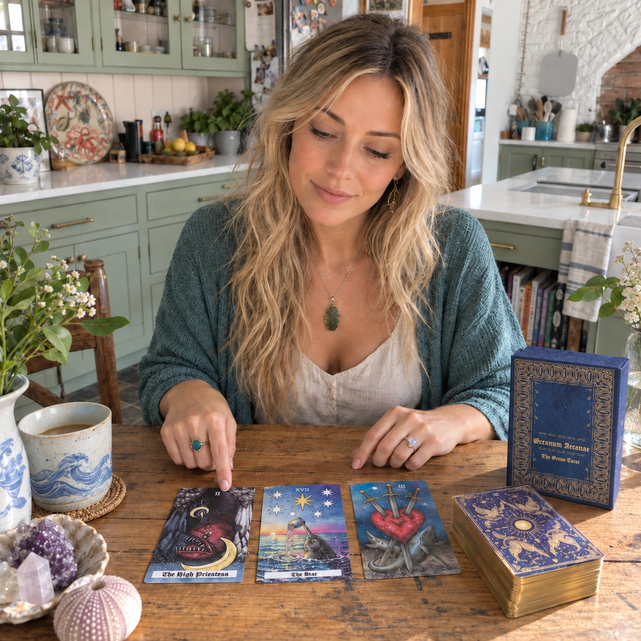 Aurica studying The High Priestess, The Star, and Three of Swords from Oceanum Arcanae beside the deck box and stacked deck