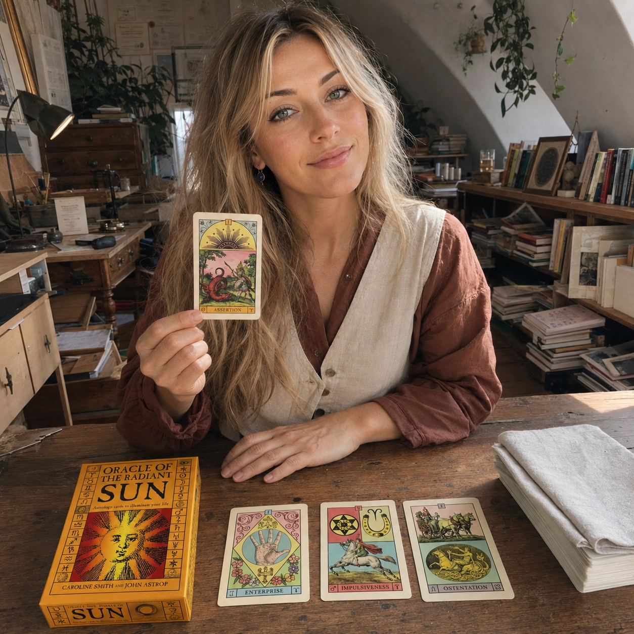 Aurica presenting the Assertion card from Oracle of the Radiant Sun beside its box, a three-card spread, and stacked deck