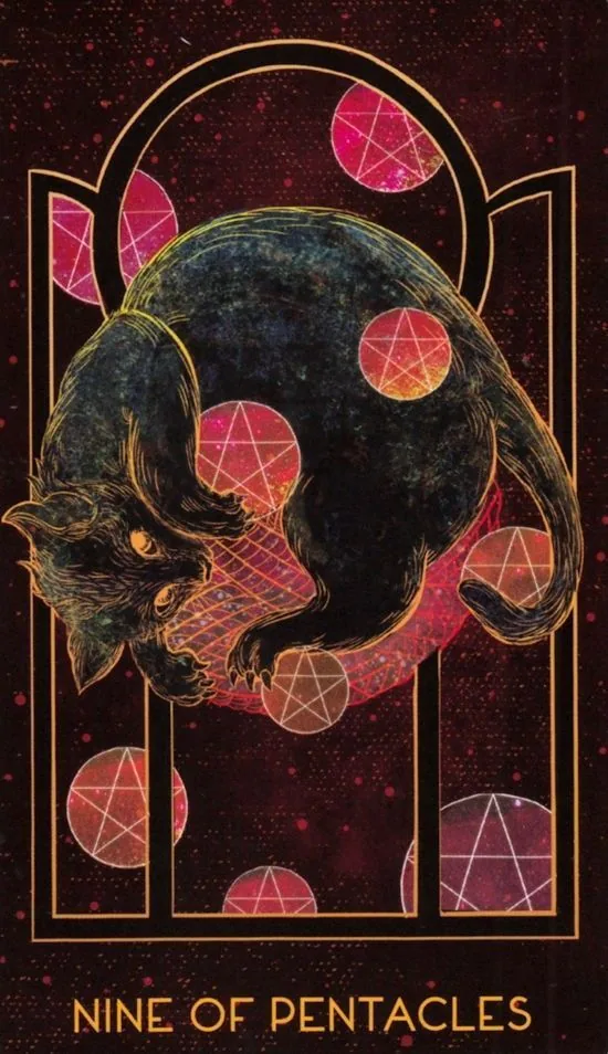 Nine of Pentacles - Oriens Animal Tarot card Nine of Pentacles card from the Oriens Animal Tarot deck