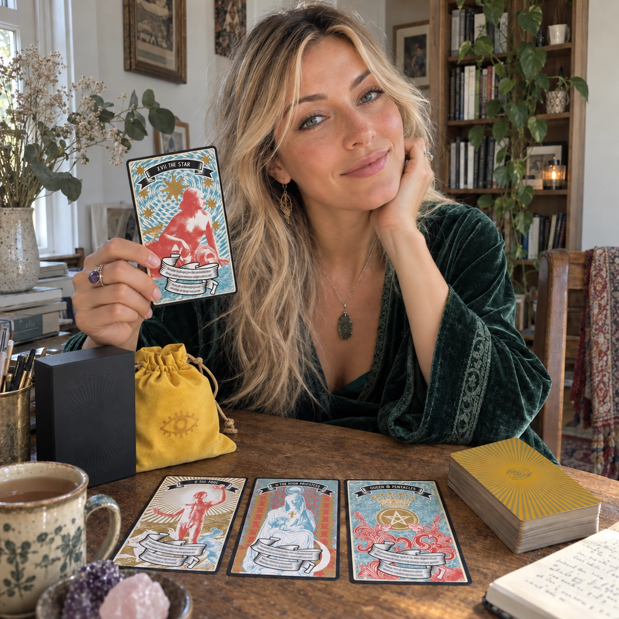 Aurica reviewing Original Madam Clara Tarot beside the exact black deck box, mustard eye pouch, three face-up cards, and stacked deck while holding The Star