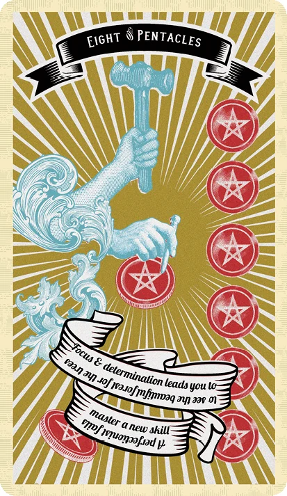 Eight of Pentacles card from Madam Clara Sees All Tarot by Rick Pomer