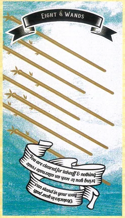 Eight of Wands card from Madam Clara Sees All Tarot by Rick Pomer