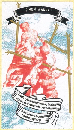 Five of Wands card from Madam Clara Sees All Tarot by Rick Pomer