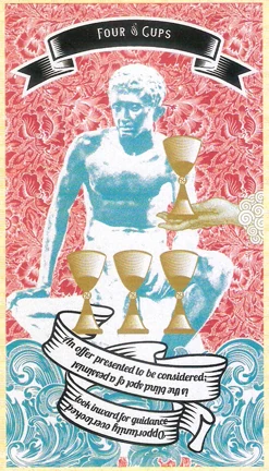 Four of Cups card from Madam Clara Sees All Tarot by Rick Pomer