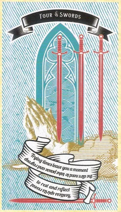 Four of Swords card from Madam Clara Sees All Tarot by Rick Pomer