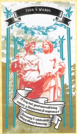 Four of Wands card from Madam Clara Sees All Tarot by Rick Pomer