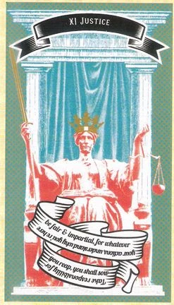 Justice card from Madam Clara Sees All Tarot by Rick Pomer
