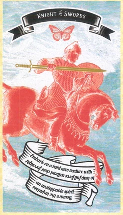 Knight of Swords card from Madam Clara Sees All Tarot by Rick Pomer