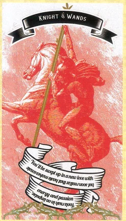 Knight of Wands card from Madam Clara Sees All Tarot by Rick Pomer